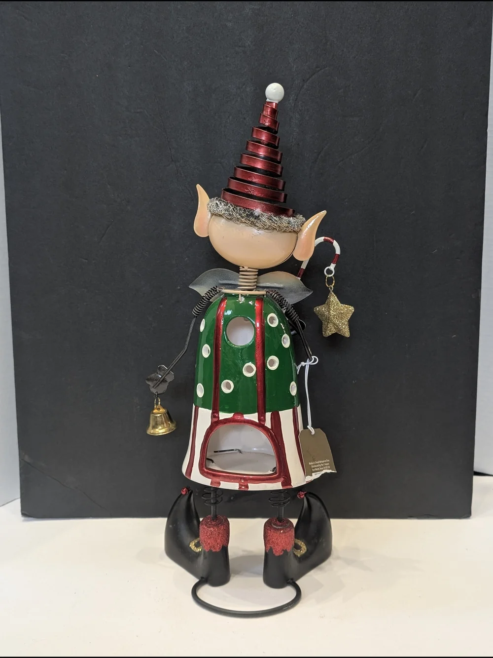 Pier 1 Imports Christmas Elf Tea Light Holder ceramic and Tin Bobblehead RARE